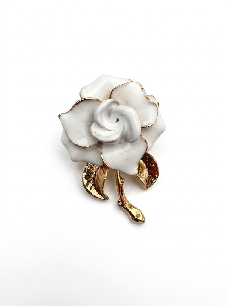 Vintage White Enamel Rose Brooch – Romantic Floral Mid-Century Design