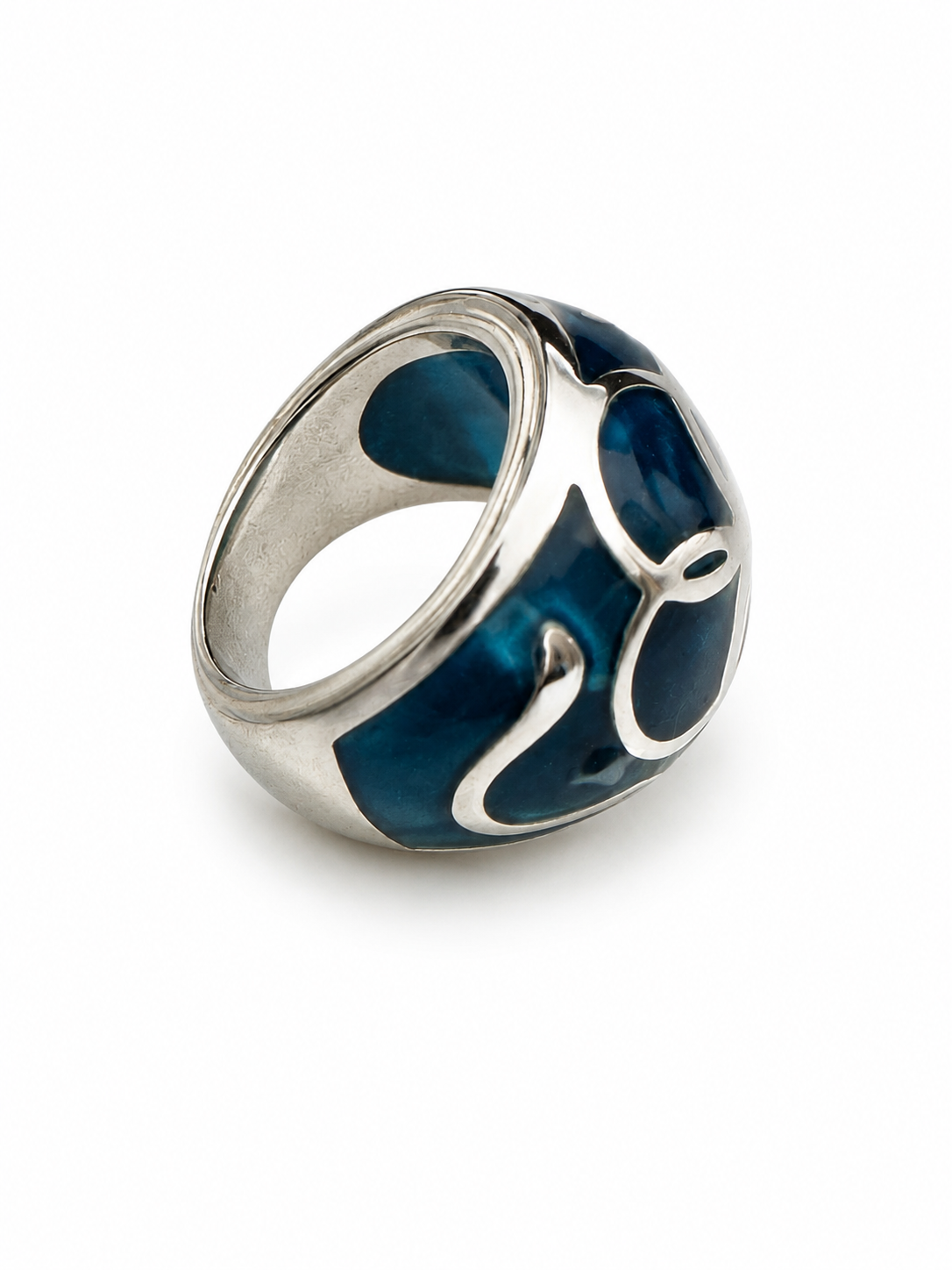 Modernist Teal Enamel Dome Ring Stainless Steel Floral Motif