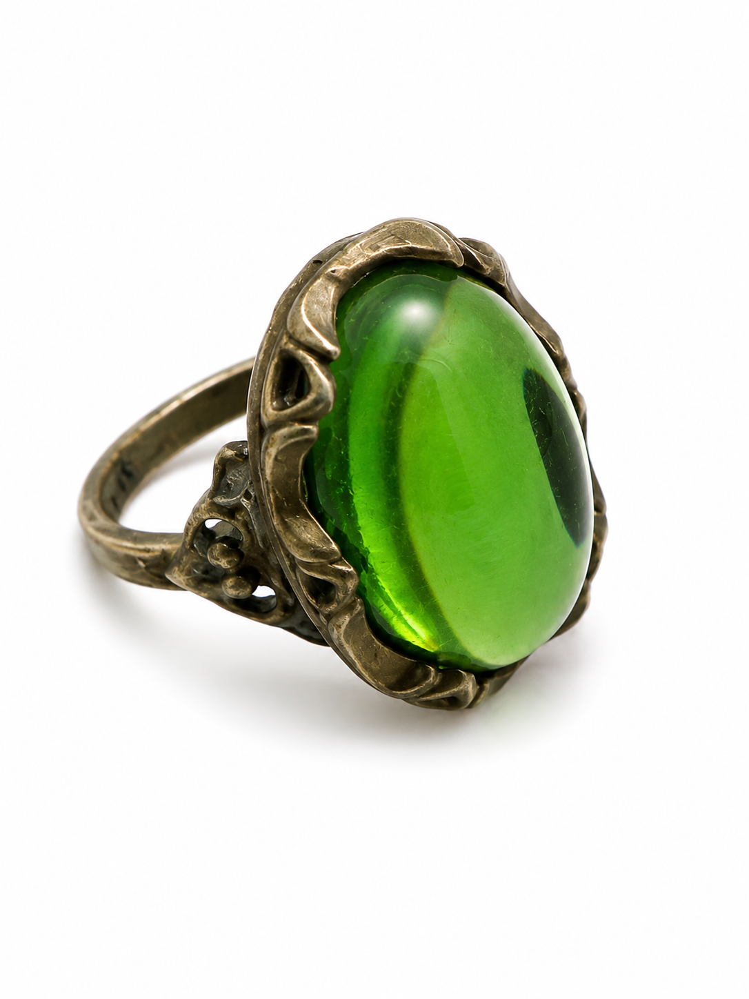Vintage Victorian Revival Peridot Green Glass Ring Antiqued Silver