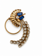 Vintage Retro Crystal and Blue Stone Scroll Brooch