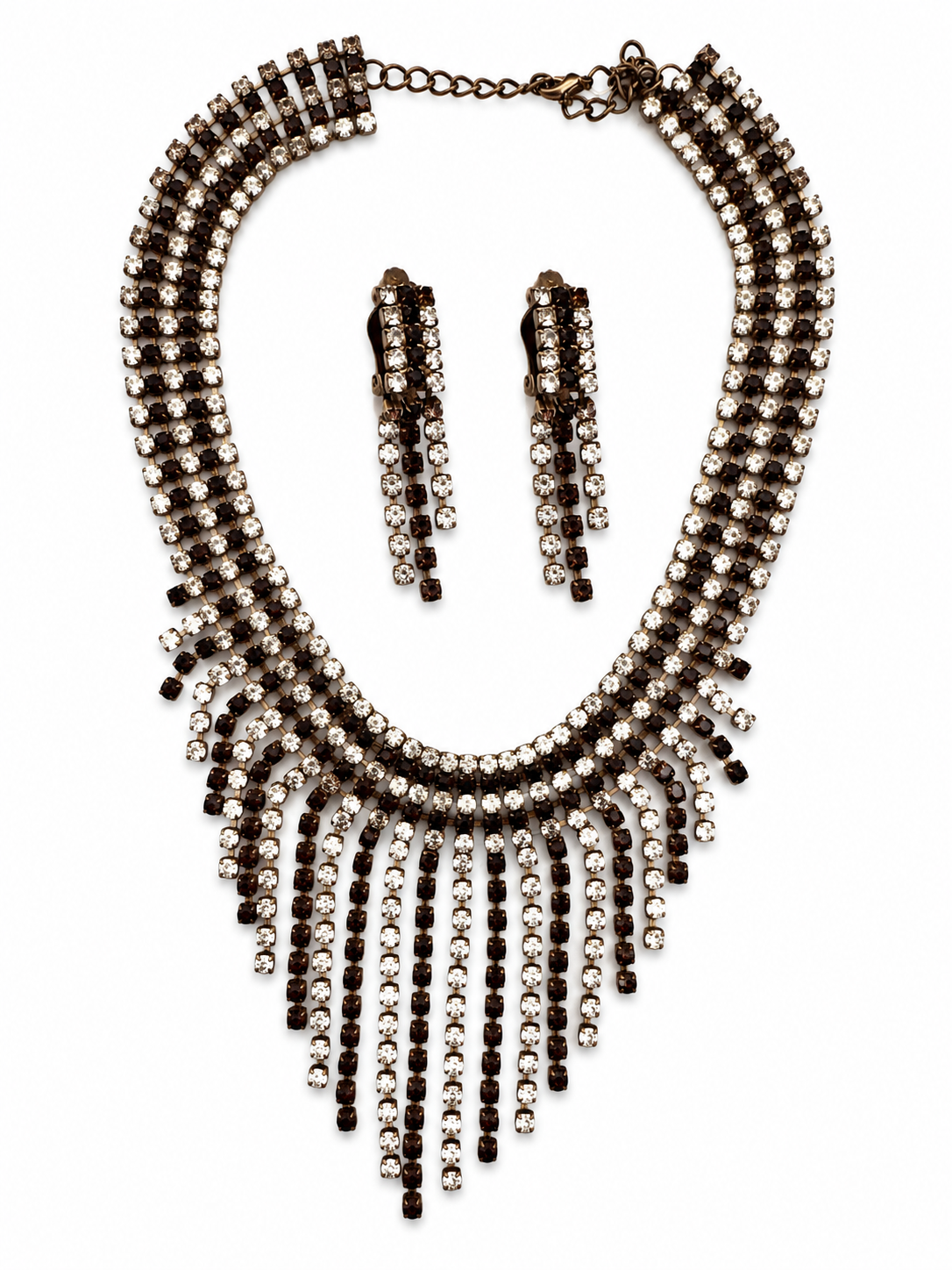 Vintage Brown Rhinestone Fringe Necklace & Earring Set