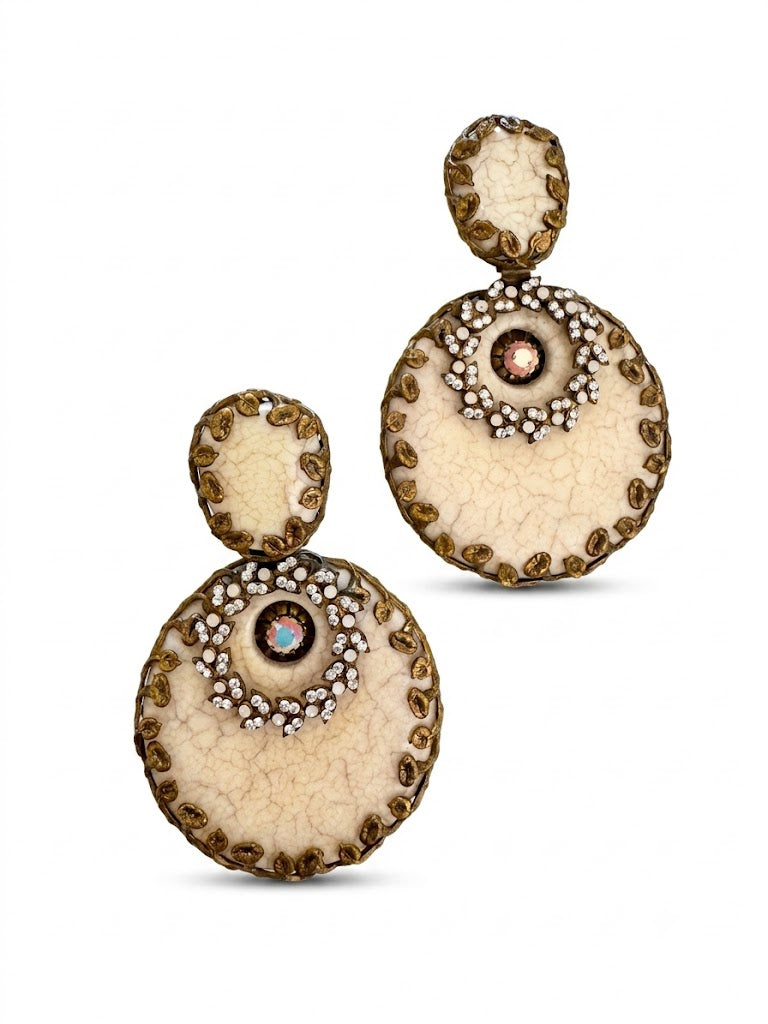 Vintage Lebanese Art Nouveau Enamel Disc Clip On Earrings