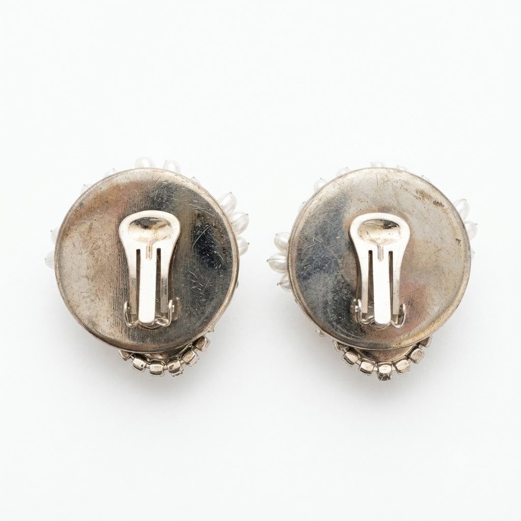Vintage Faux Pearl Rhinestone Floral Clip On Earrings