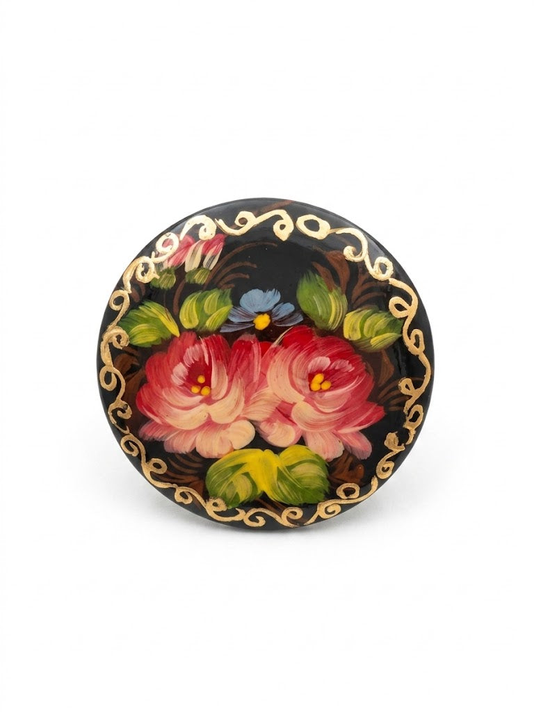 Vintage Hand-Painted Lacquer Floral Signed Brooch