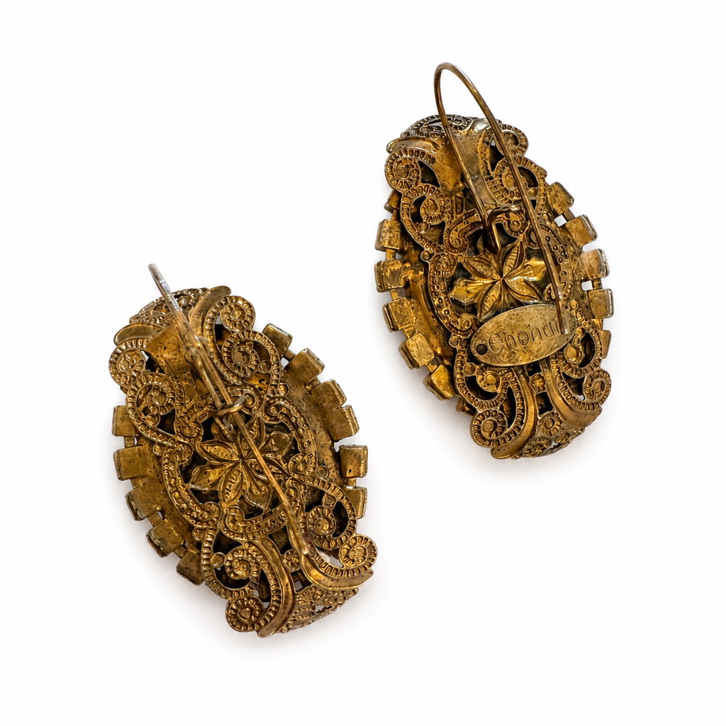 Vintage Filigree Brown Cabochon Rhinestone Clip On Earrings