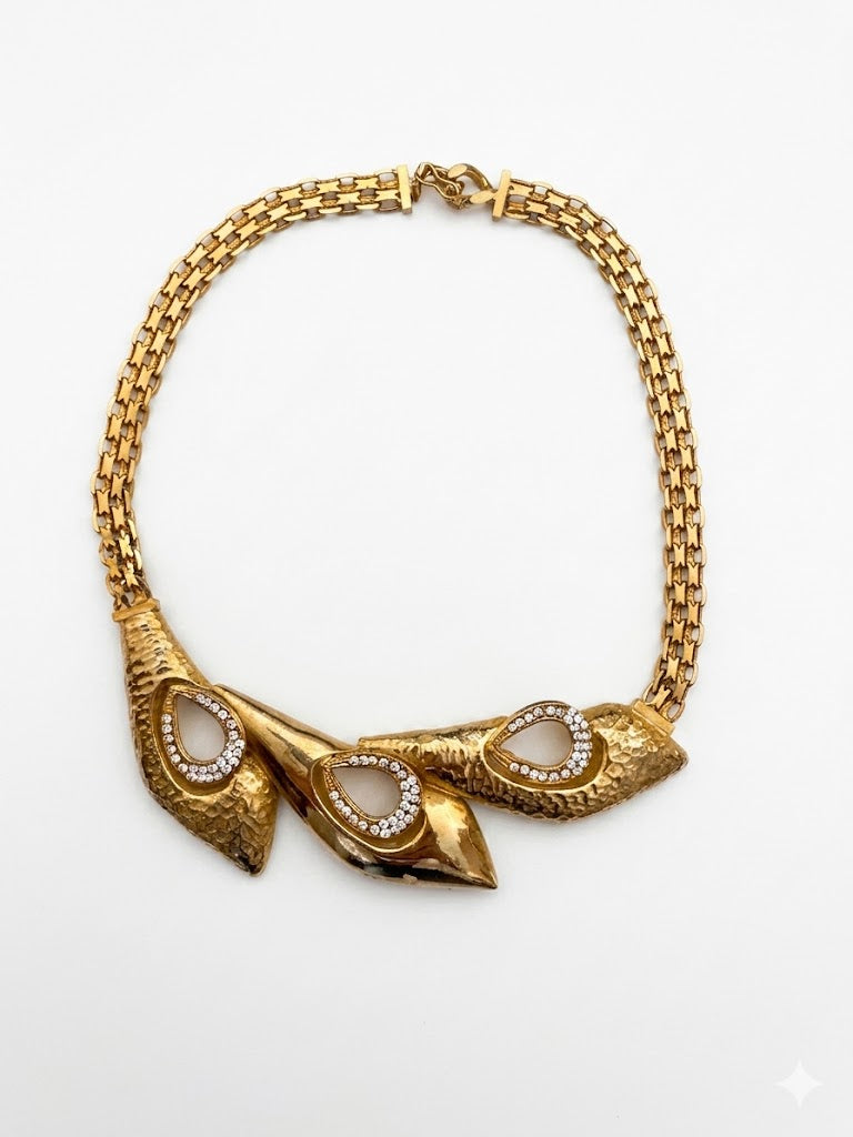 Vintage Retro Revival Gold Tone Rhinestone Statement Necklace