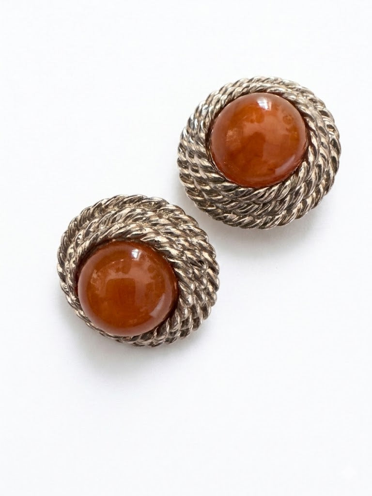 Vintage Amber Cabochon Silver Tone Clip-On Earrings