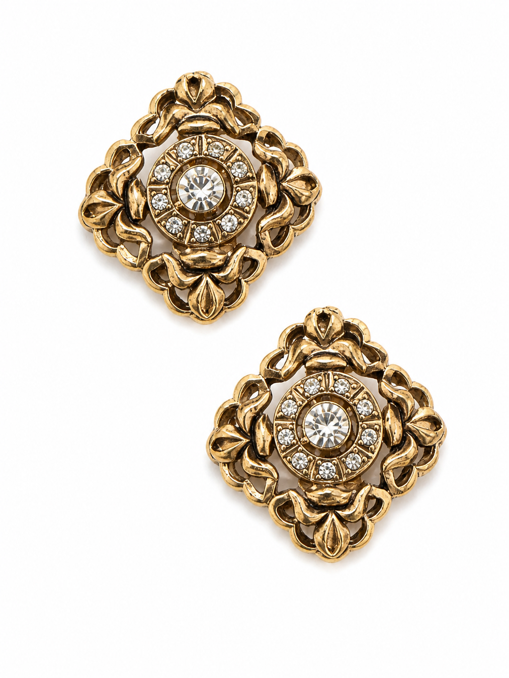 Vintage Sculptural Floral Rhinestone Earrings