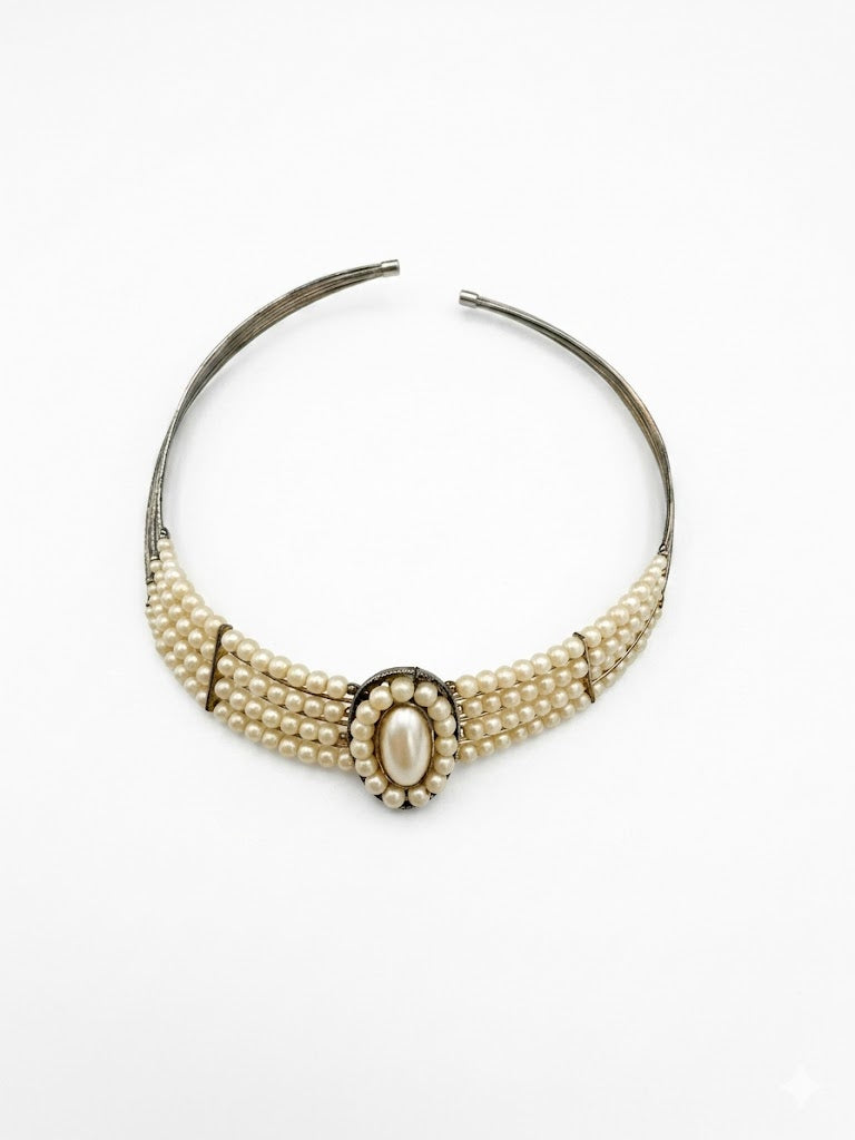 Vintage Multi-Strand Faux Pearl Medallion Torque Choker