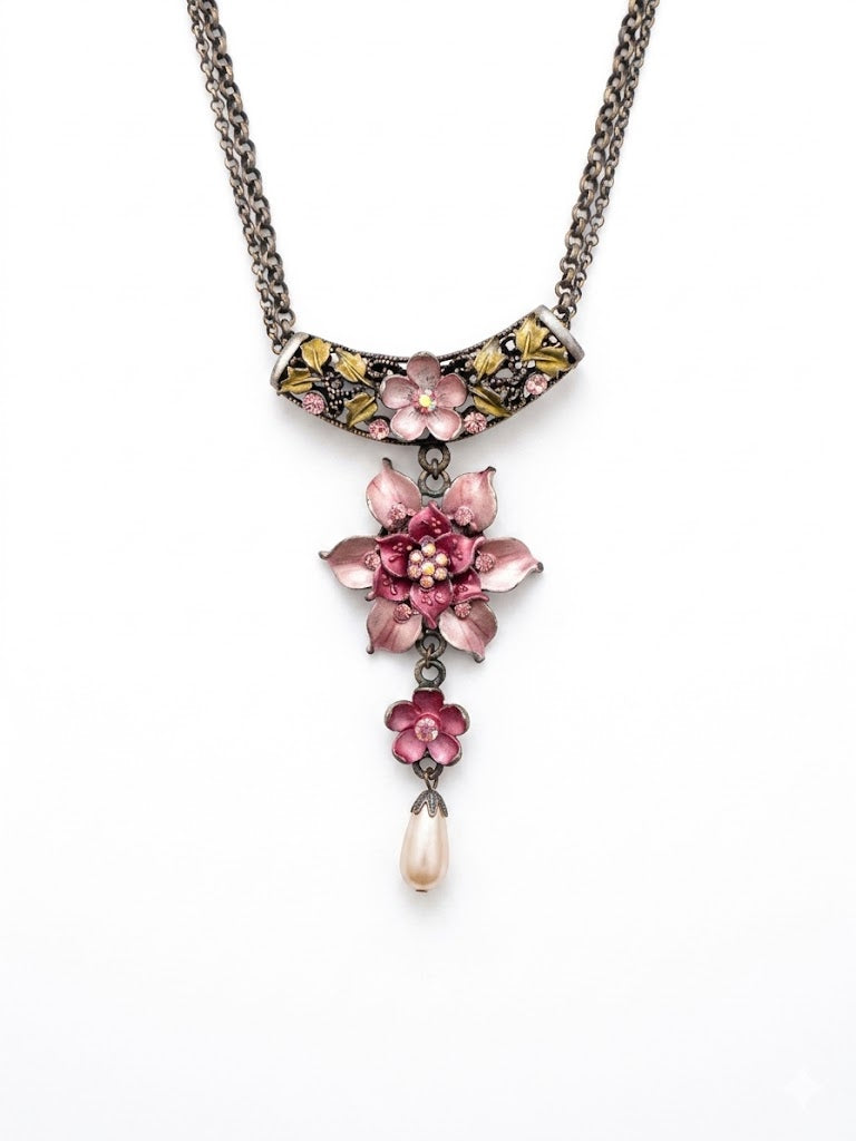 Vintage Floral Enamel Necklace & Earrings Set with Faux Pearl Drops