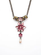 Vintage Floral Enamel Necklace & Earrings Set with Faux Pearl Drops