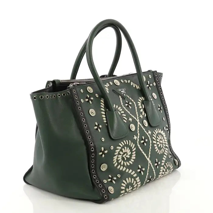 Prada Saffiano Leather Embroidered Twin Pocket Double Handle Tote Bag