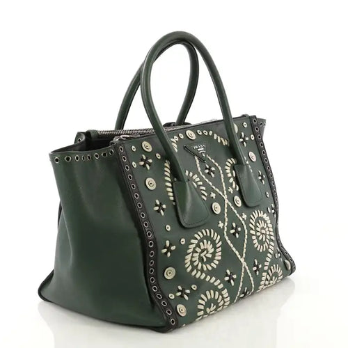 Prada Saffiano Leather Embroidered Twin Pocket Double Handle Tote Bag