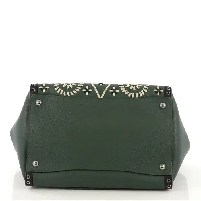Prada Saffiano Leather Embroidered Twin Pocket Double Handle Tote Bag