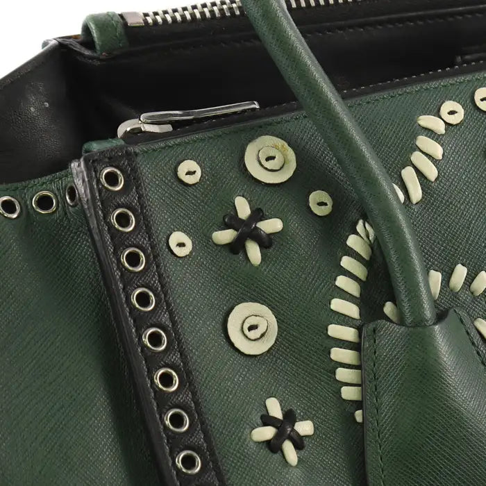 Prada Saffiano Leather Embroidered Twin Pocket Double Handle Tote Bag