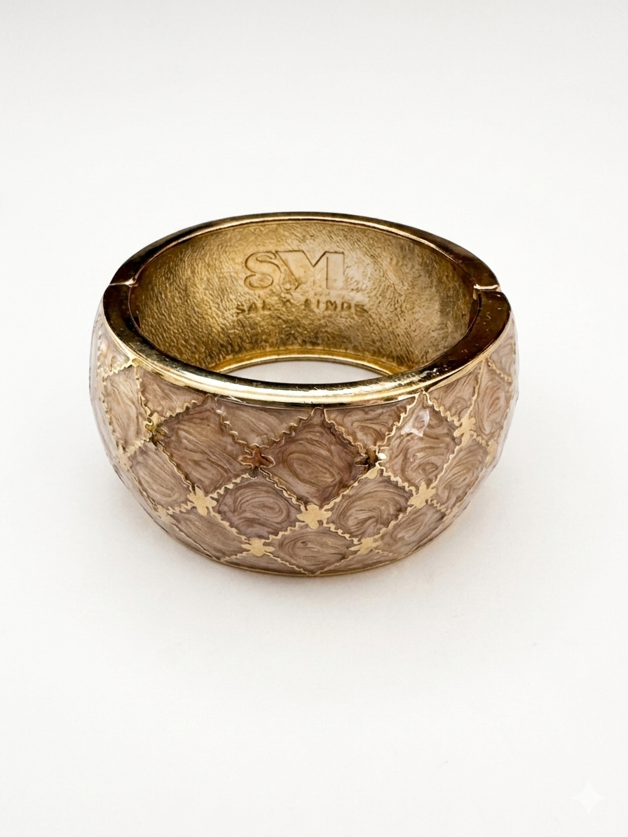 Signed SYL Gilded Quilted Enamel Bangle in Dusty Rose