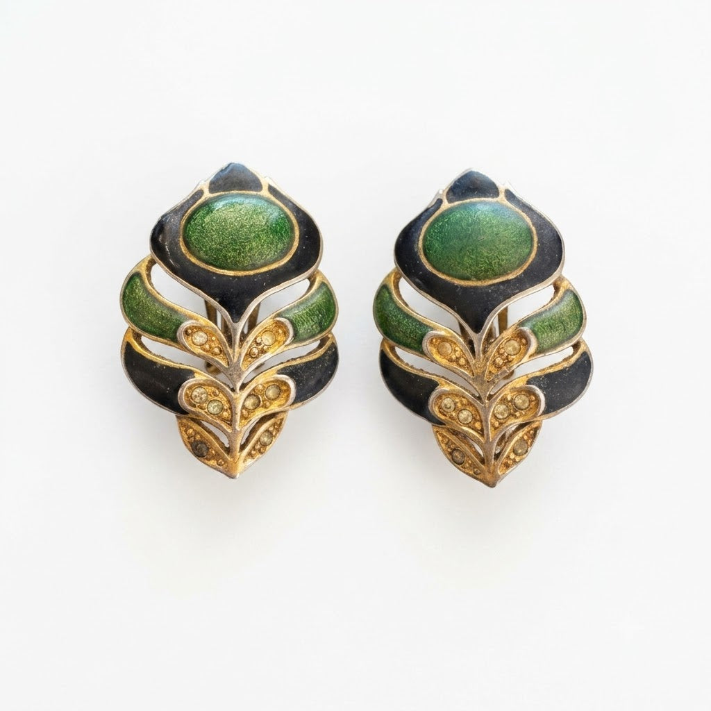 Vintage Art Nouveau Enamel Leaf Clip-On Earrings