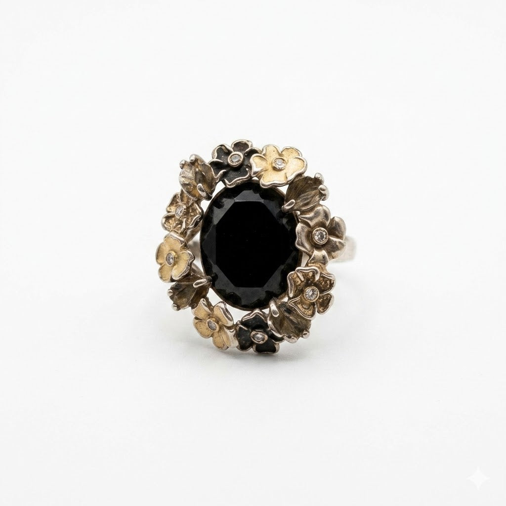 Vintage Floral Black Stone Statement Ring