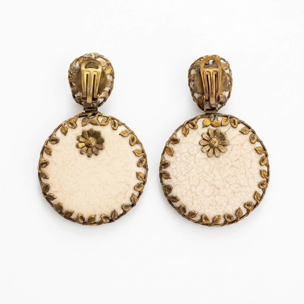 Vintage Lebanese Art Nouveau Enamel Disc Clip On Earrings