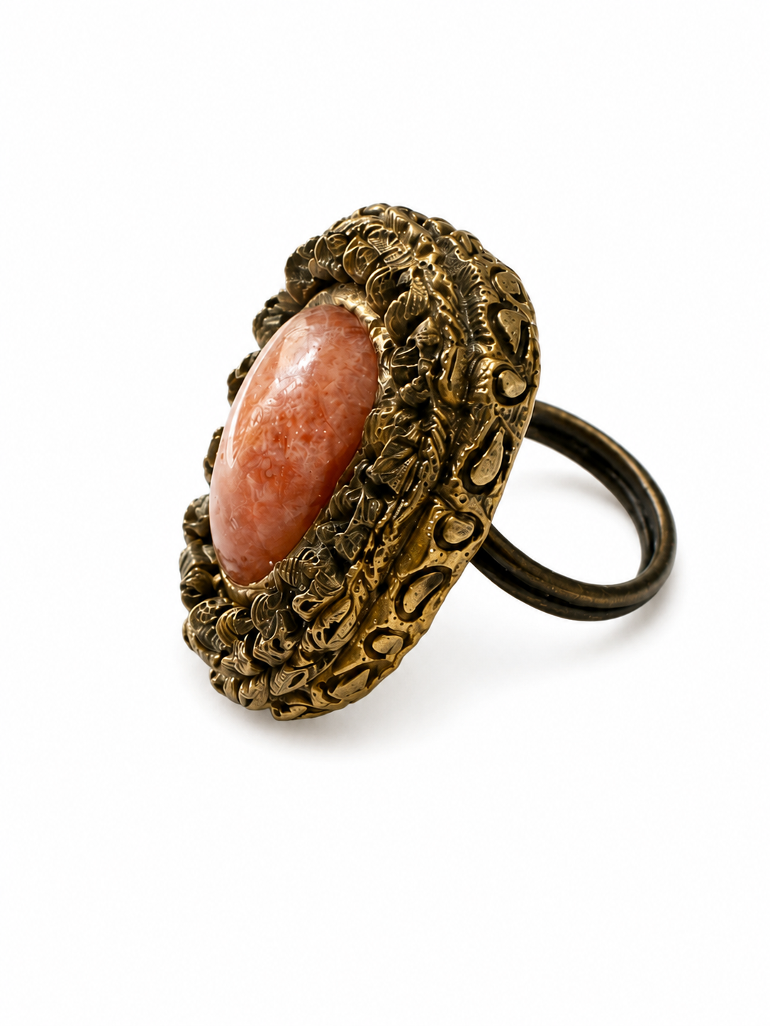 Vintage Ornate Coral Pink Statement Ring Antiqued Gold Filigree