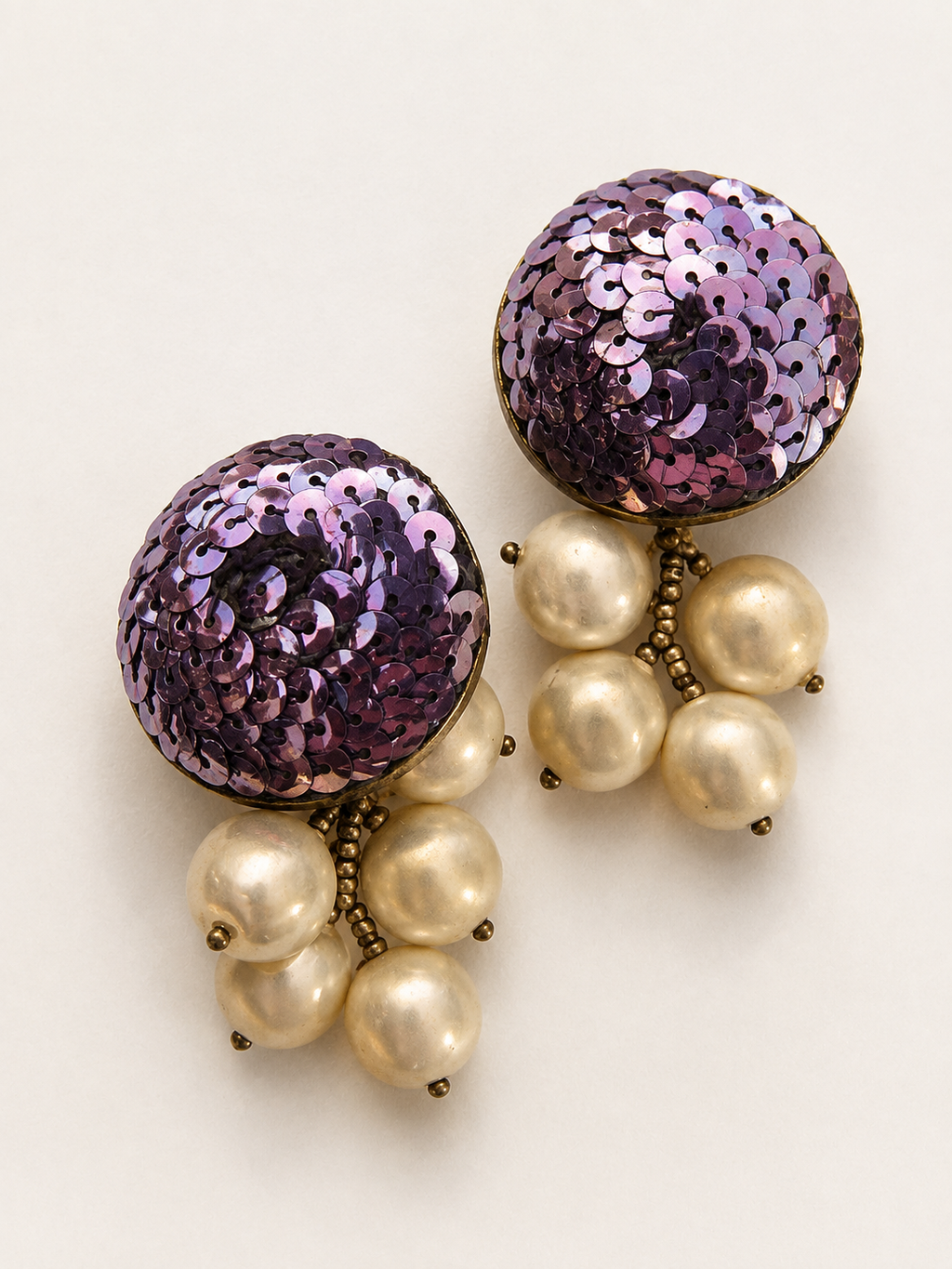 Vintage Purple Sequin & Faux Pearl Drop Earrings