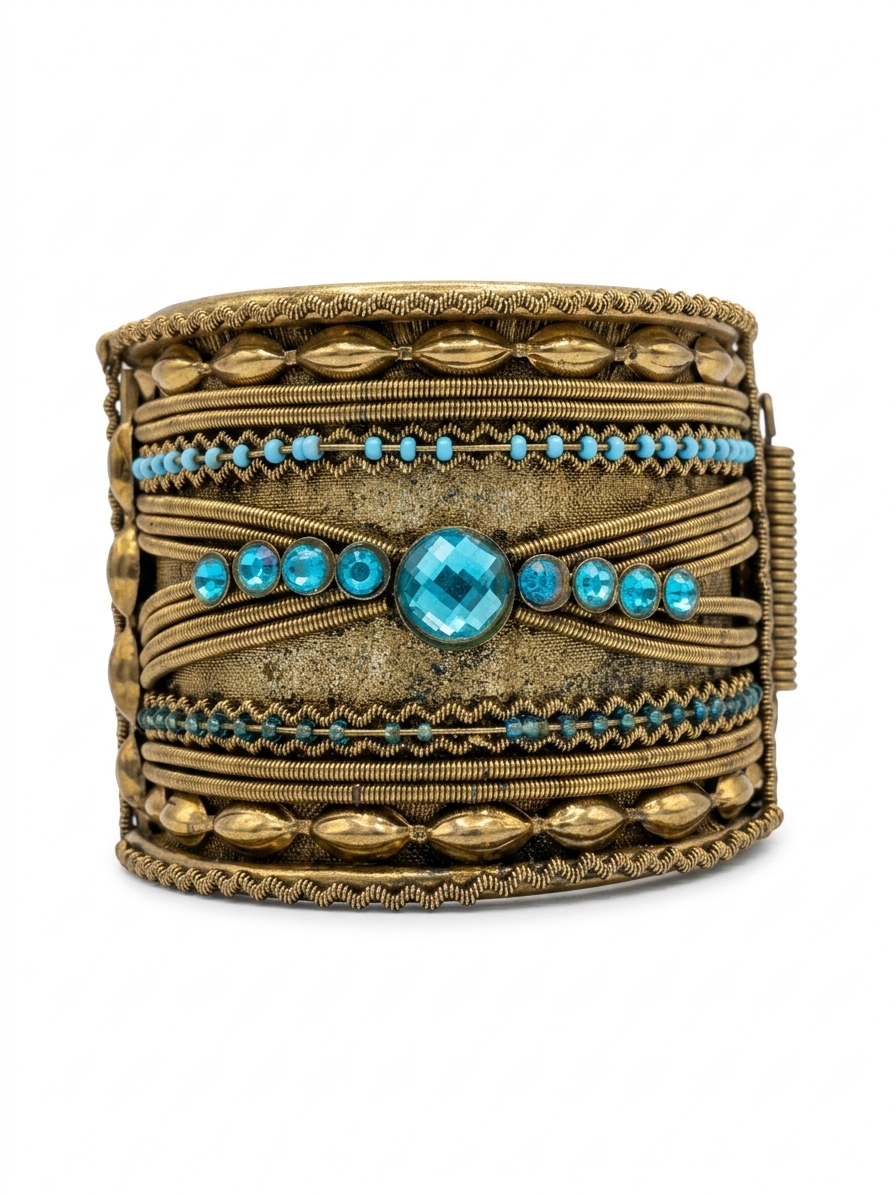 Bohemian Antiqued Brass Cuff with Turquoise-Tone Accents