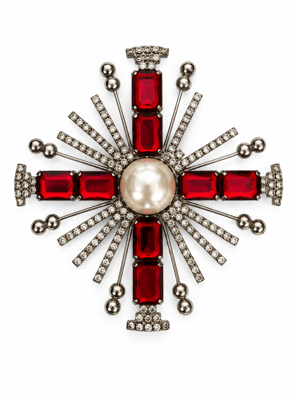 Vintage Art Deco Ruby Crystal Sunburst Brooch