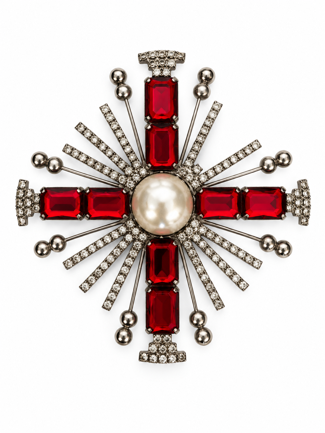Vintage Art Deco Ruby Crystal Sunburst Brooch