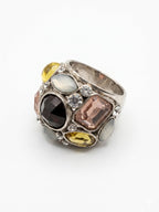 Vintage Modernist Multi-Gem Dome Ring Earth Tones Silver Tone