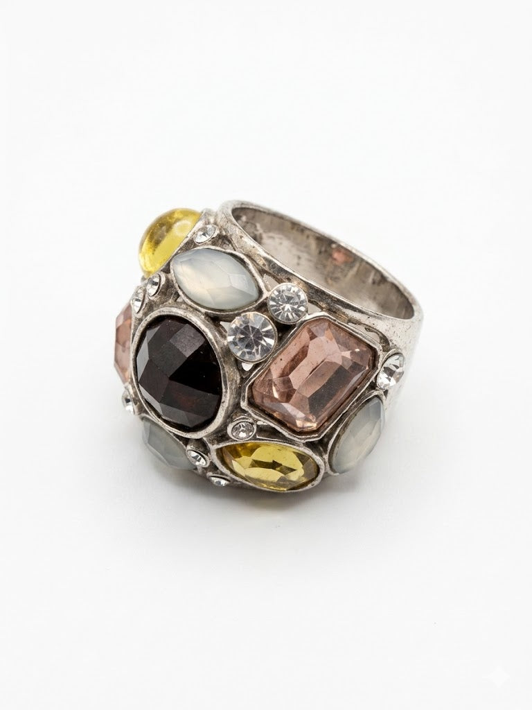Vintage Modernist Multi-Gem Dome Ring Earth Tones Silver Tone