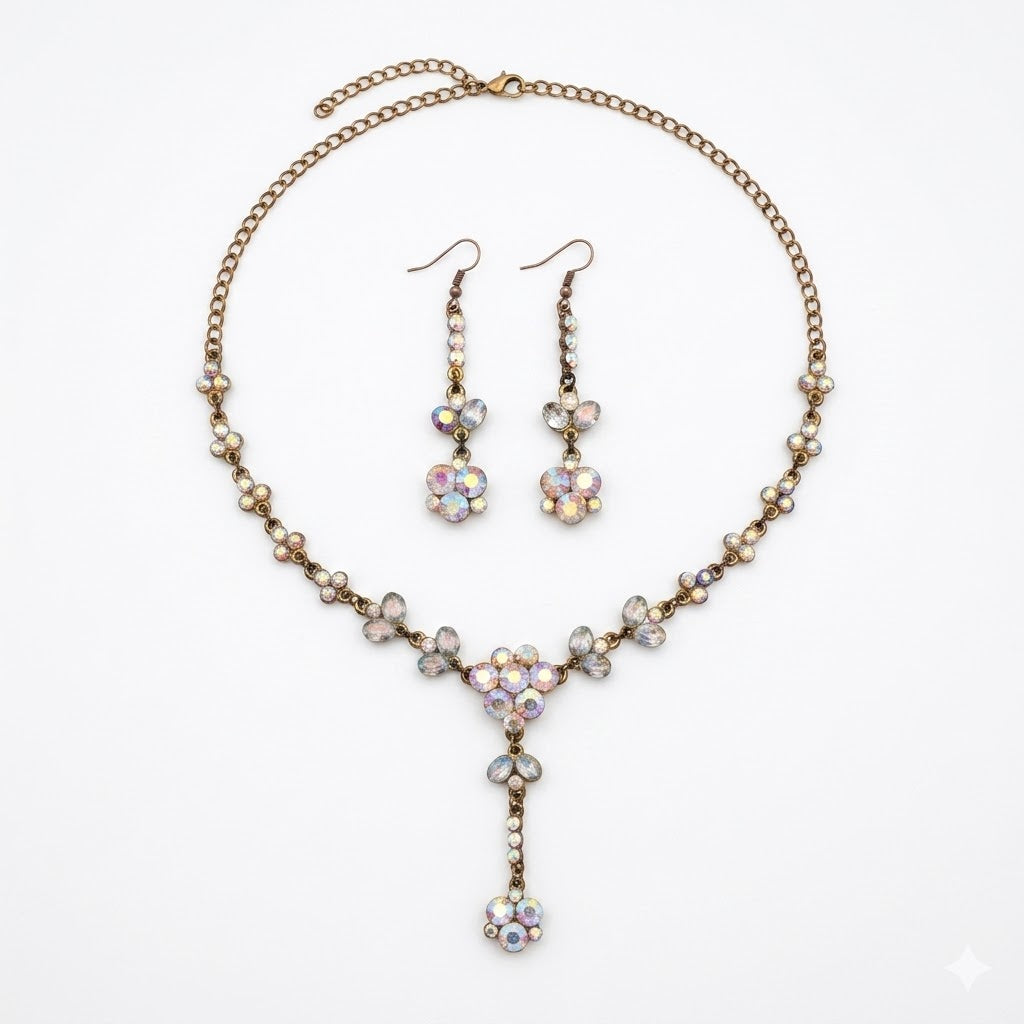 Vintage Aurora Borealis Floral Necklace and Earrings Set