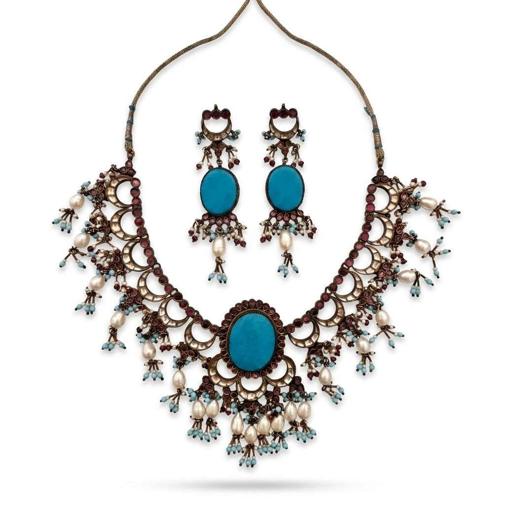 Vintage Indian Turquoise Statement Necklace & Earrings Set