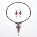 Vintage Floral Enamel Necklace & Earrings Set with Faux Pearl Drops