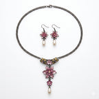 Vintage Floral Enamel Necklace & Earrings Set with Faux Pearl Drops