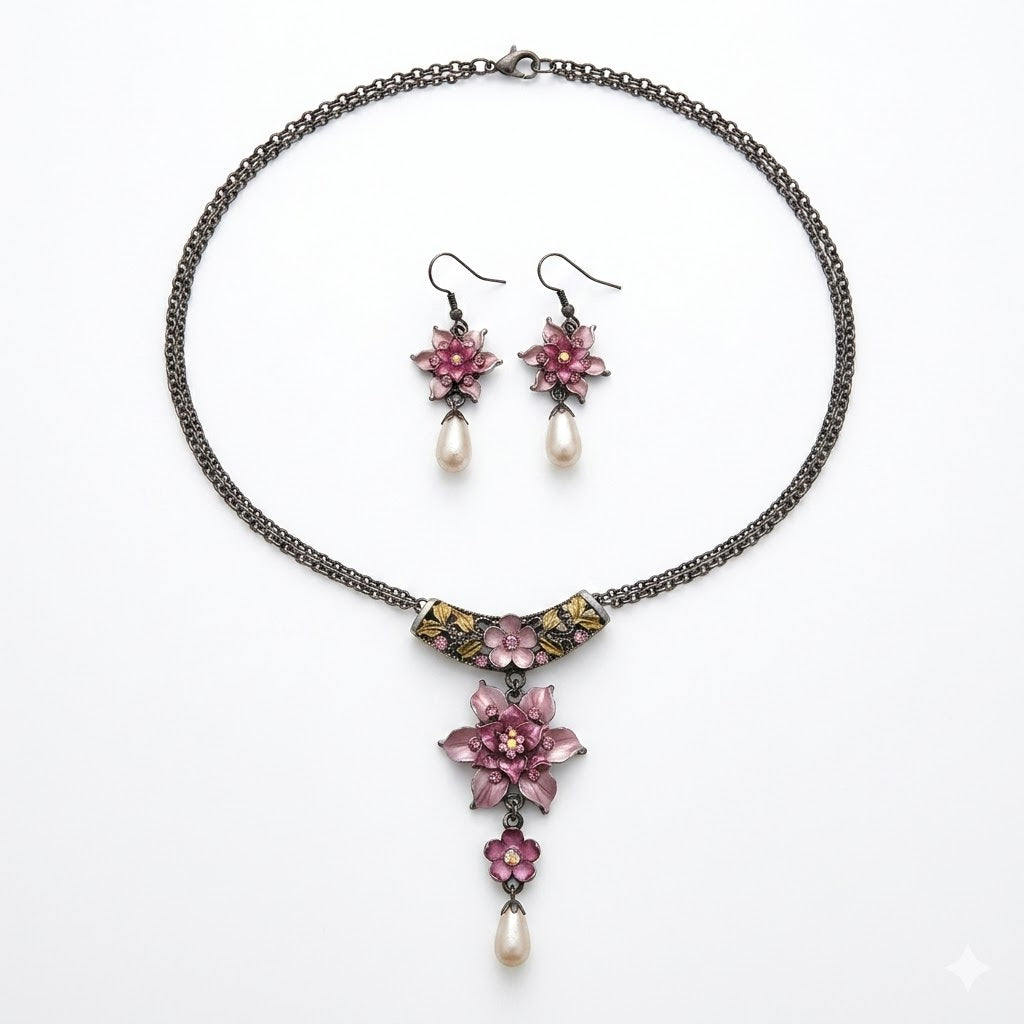 Vintage Floral Enamel Necklace & Earrings Set with Faux Pearl Drops