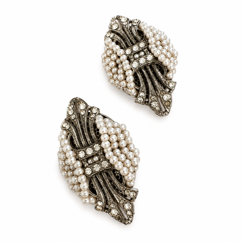 Vintage Art Deco Pearl Pavé Clip On Earrings