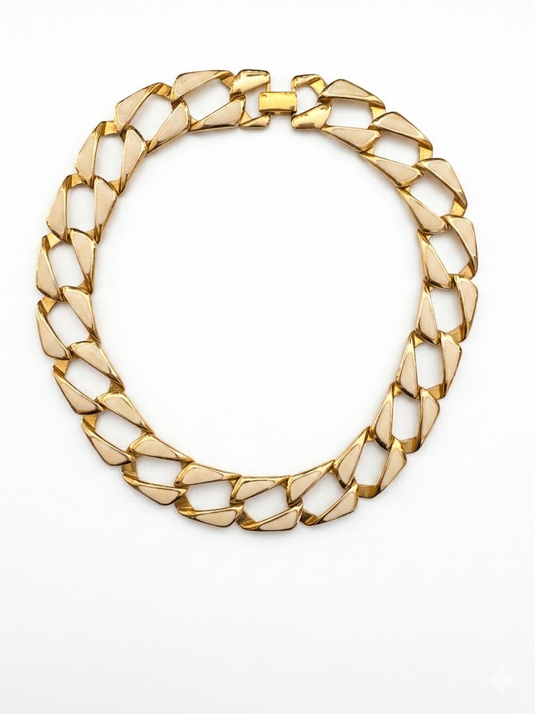 Vintage Geometric Enamel Link Necklace and Bracelet Set