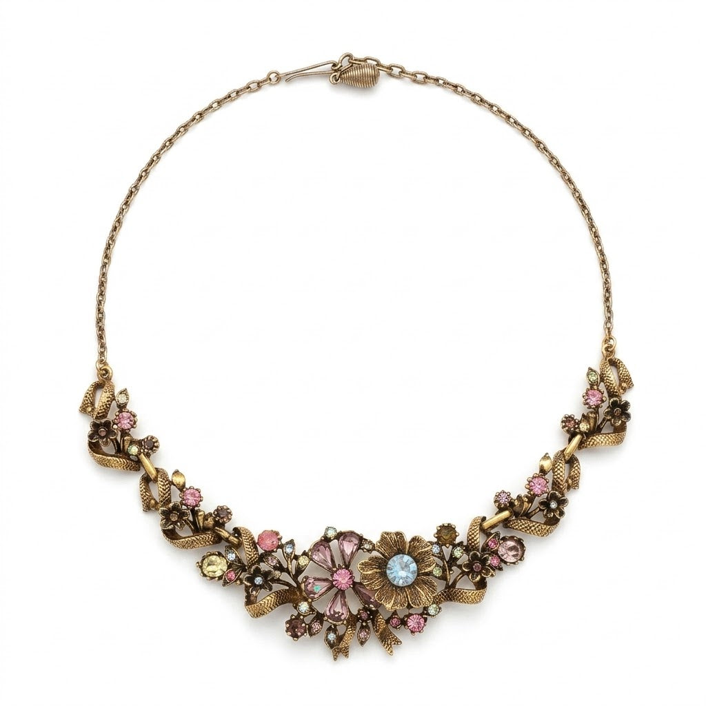Vintage Floral Rhinestone Romantic Garden Statement Necklace