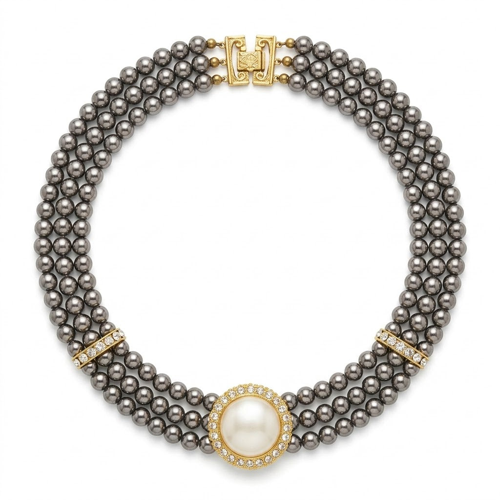 Vintage Multi-Strand Pearl & Crystal Statement Necklace