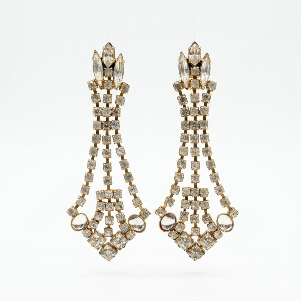 Vintage Gold Tone Rhinestone Chandelier Drop Earrings