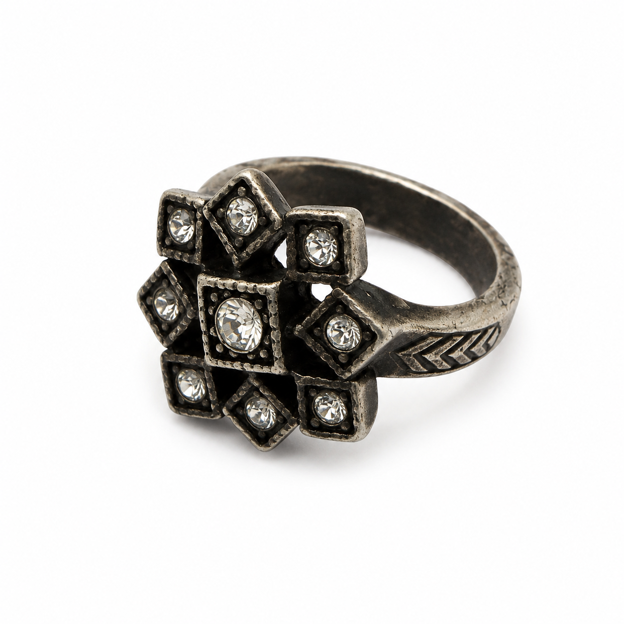 Vintage Geometric Starburst Ring Antiqued Silver Tone Clear Crystals