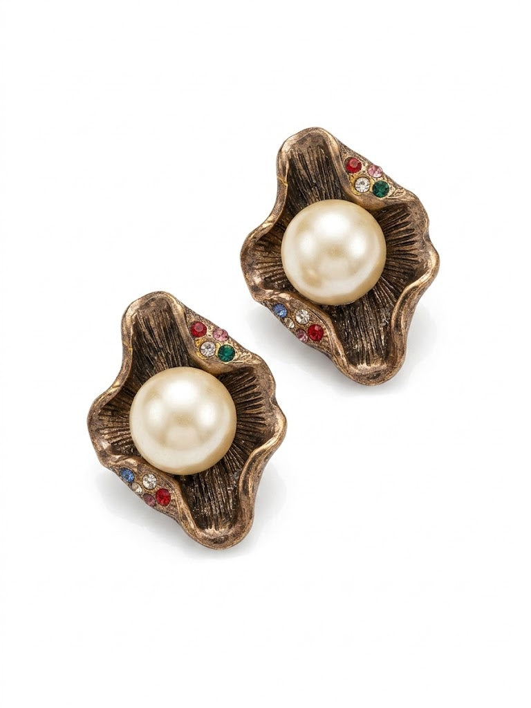Vintage Baroque Pearl & Multicolor Crystal Sculptural Earrings