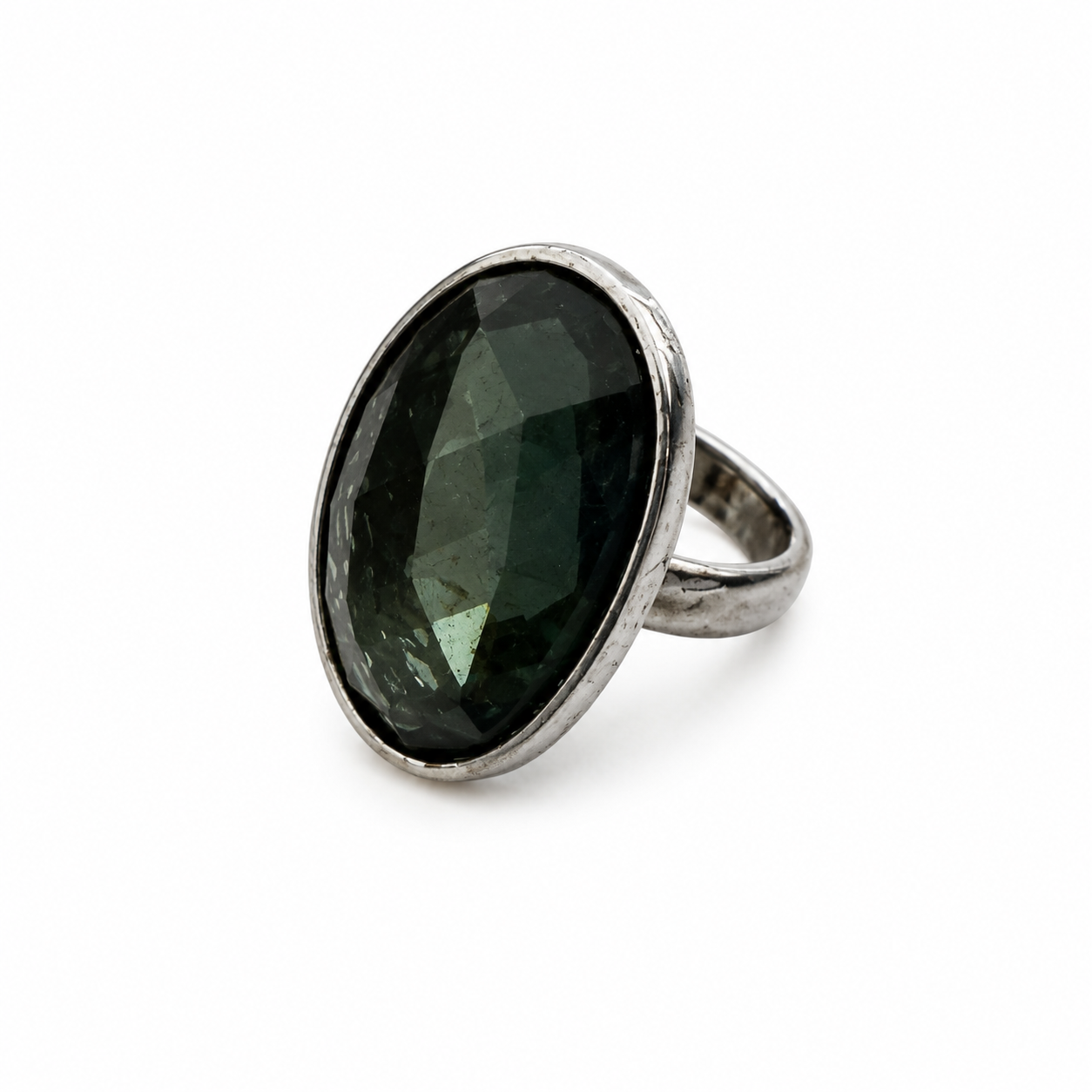 Vintage Modernist Forest Green Crystal Ring Sculptural Silver Tone