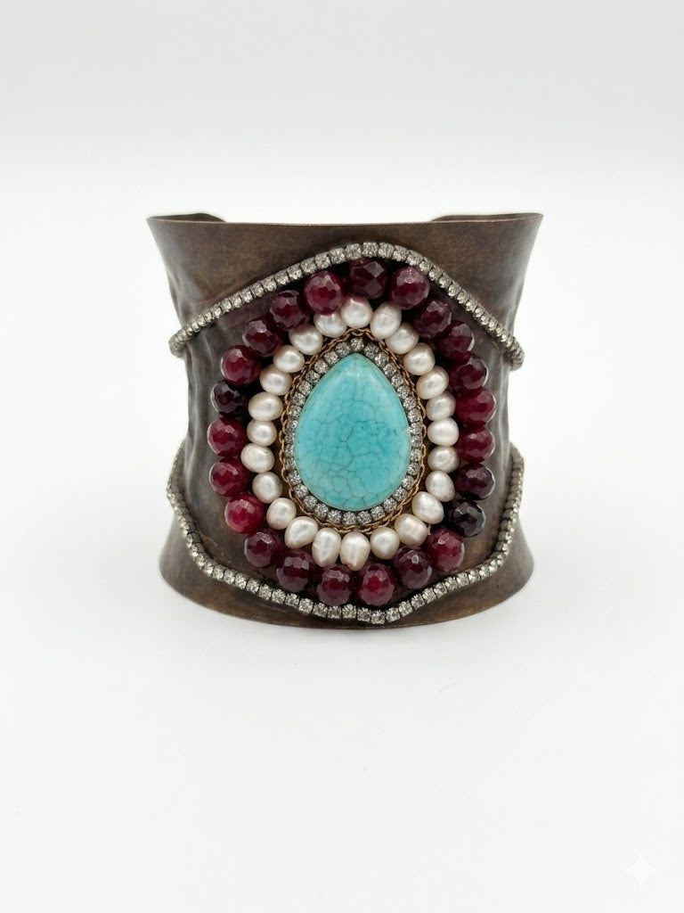 Vintage Hammered Copper Mixed Media Statement Cuff