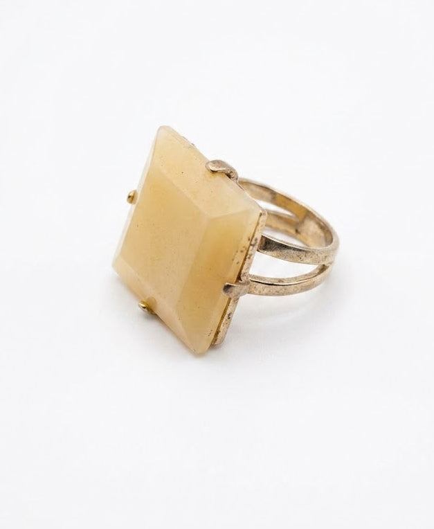 Vintage Modernist Cream Cabochon Ring Square Pyramid Silver Tone