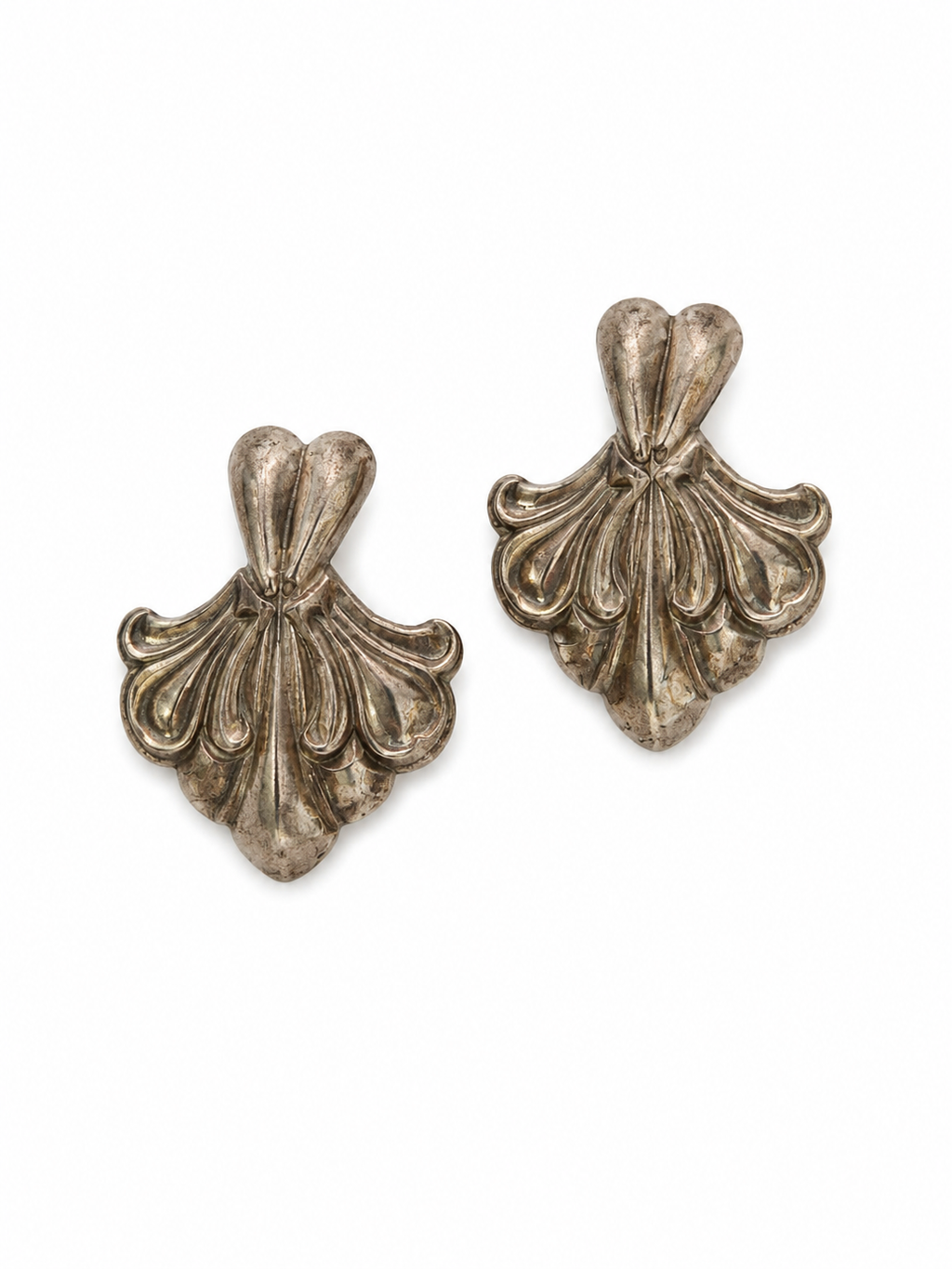 Vintage Art Nouveau Silver Tone Fan Earrings