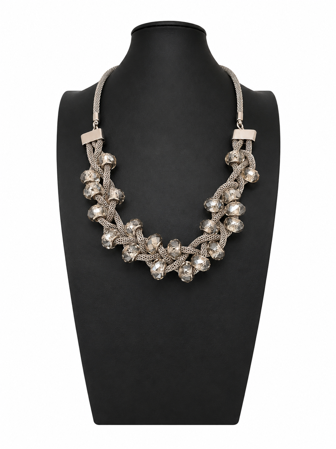 Vintage Modernist Silver Tone Crystal Mesh Statement Necklace