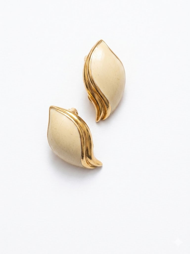 Vintage Cream Enamel Leaf Clip-On Earrings