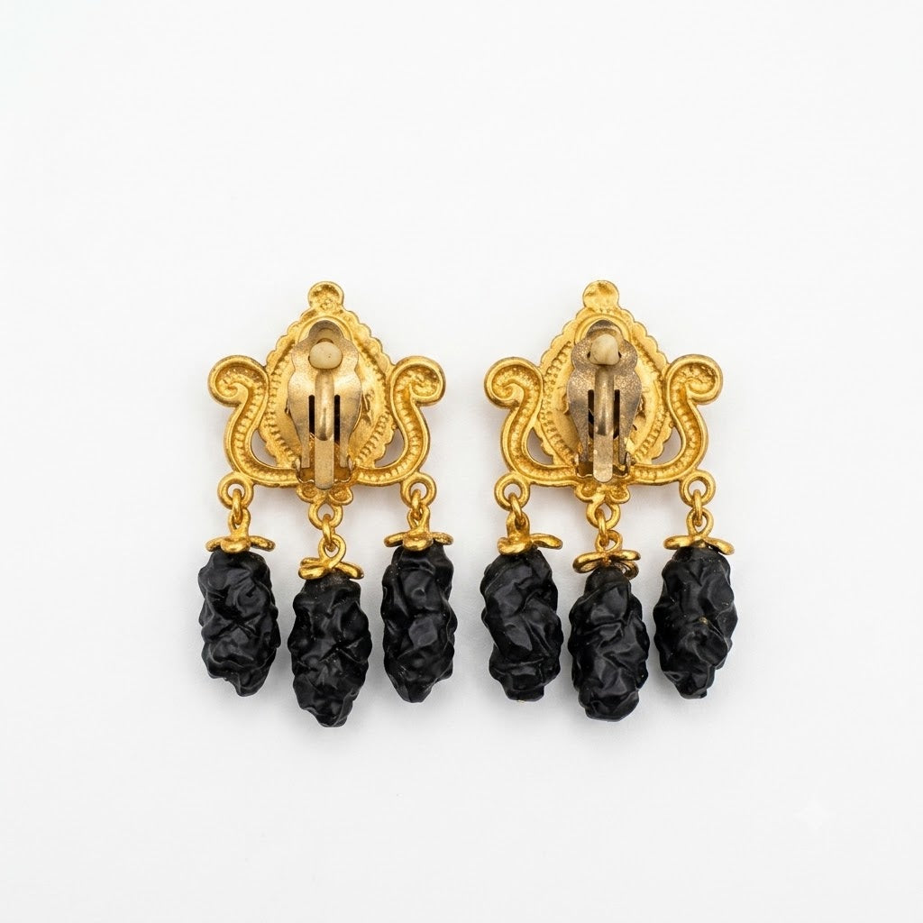 Vintage Byzantine Revival Black Cabochon Tassel Clip On Earrings