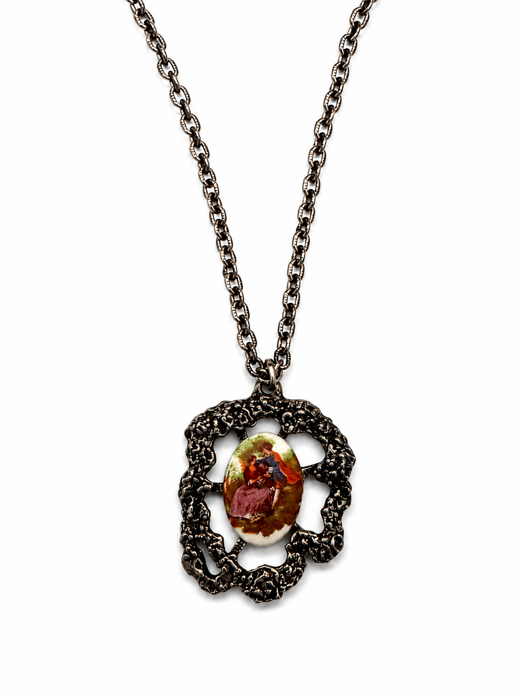 Vintage Silver Tone Porcelain Portrait Pendant Necklace